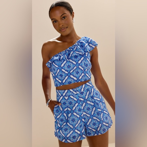 Mi Ami Matching Set Blouse Shorts Women’s S Blue White One Shoulder Cropped Boho - Picture 3 of 13
